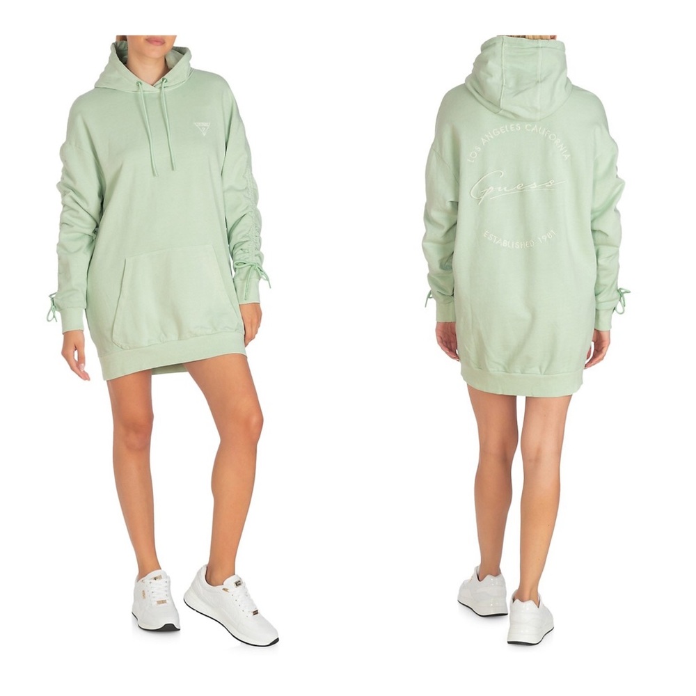 GUESS Diane Logo Embroidery Ruched Sleeve Hooded Dress Size Small NWT